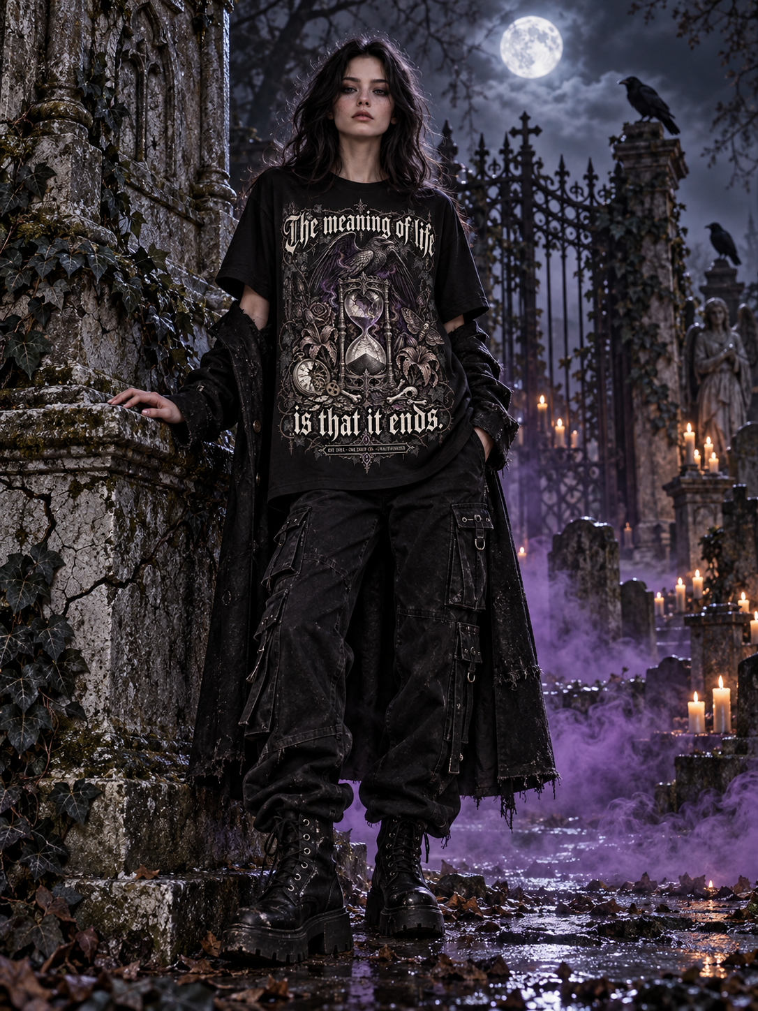 Women's black graphic tee with hourglass print worn by a model