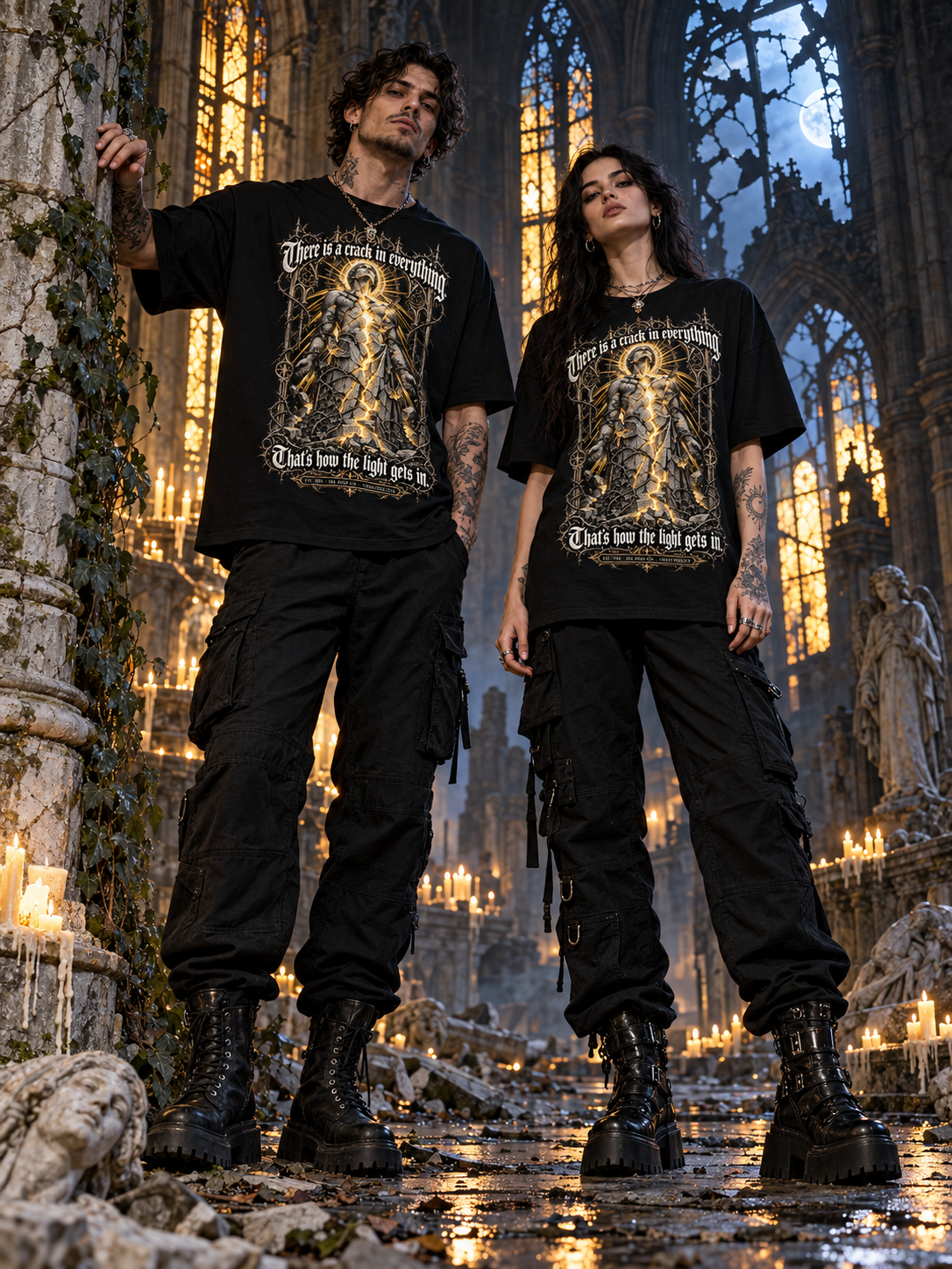 Two unisex black graphic tees worn; gold angel design and ornate lettering on front.