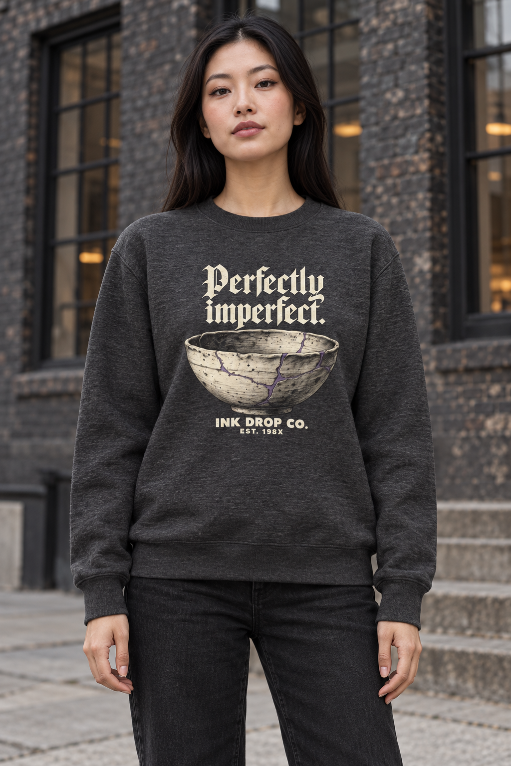 Charcoal unisex crewneck sweatshirt with Perfectly imperfect graphic and ink-drop logo