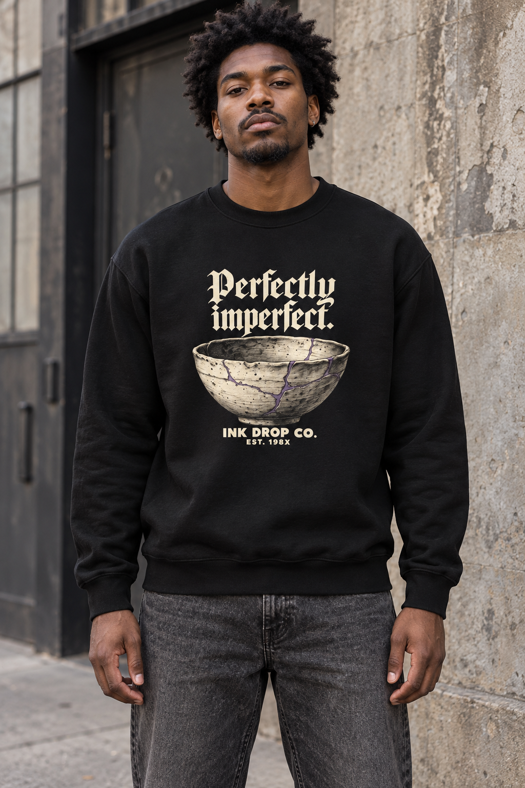 Black crewneck sweatshirt with bowl graphic and 'Perfectly imperfect' print, front view.