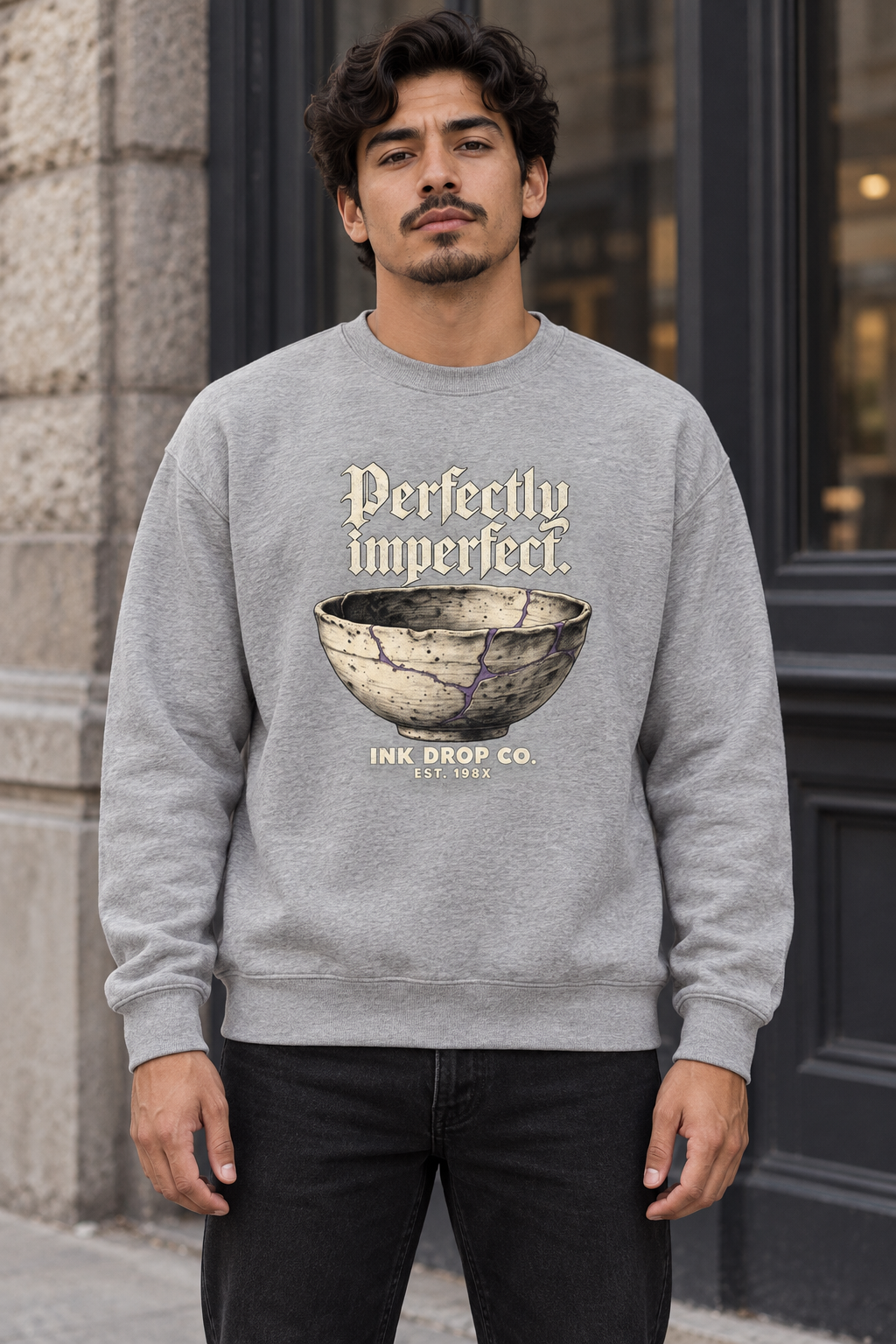 Heather gray unisex crewneck sweatshirt with Perfectly imperfect graphic front