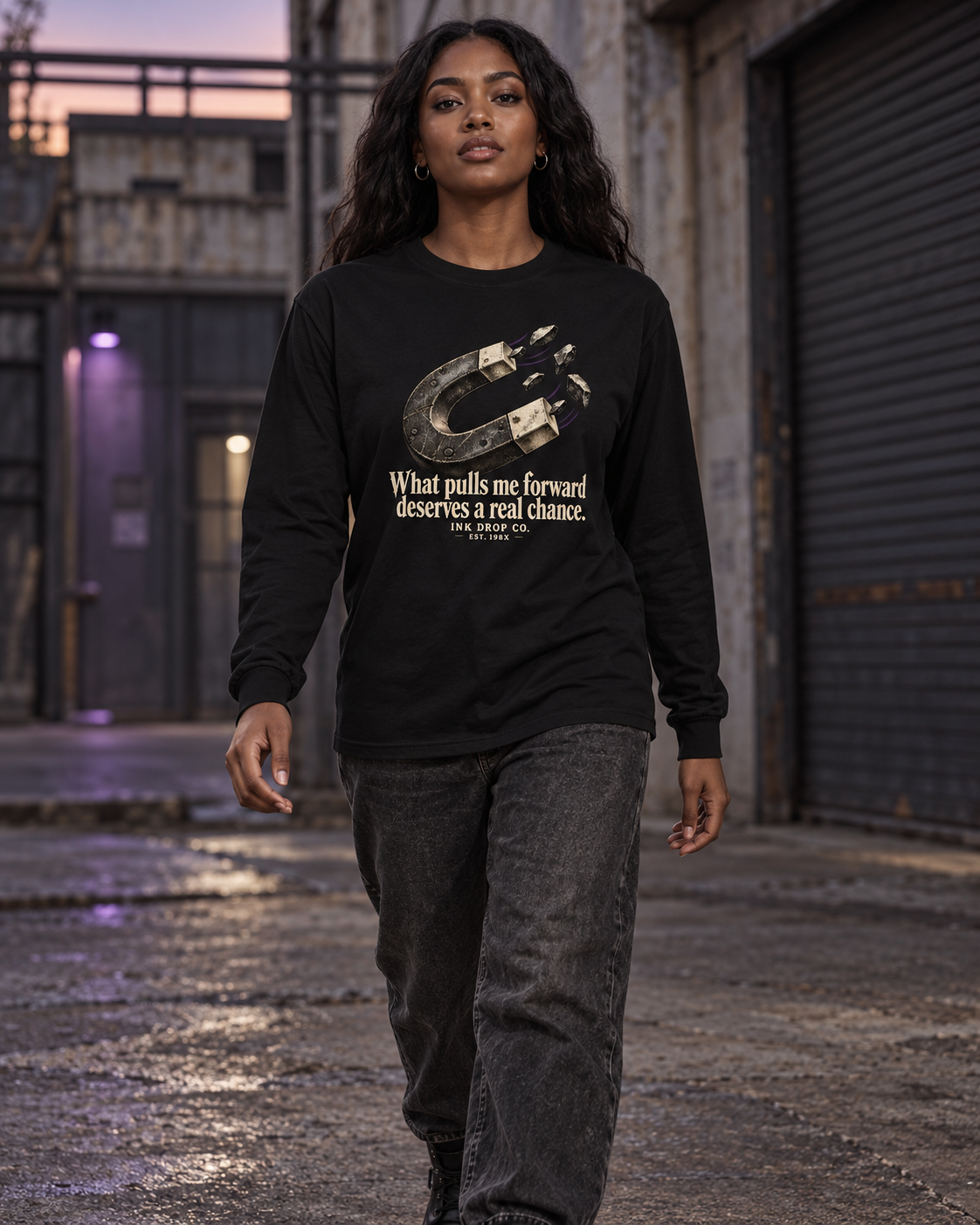 Unisex black long sleeve graphic tee on model, crew neck and front horseshoe print