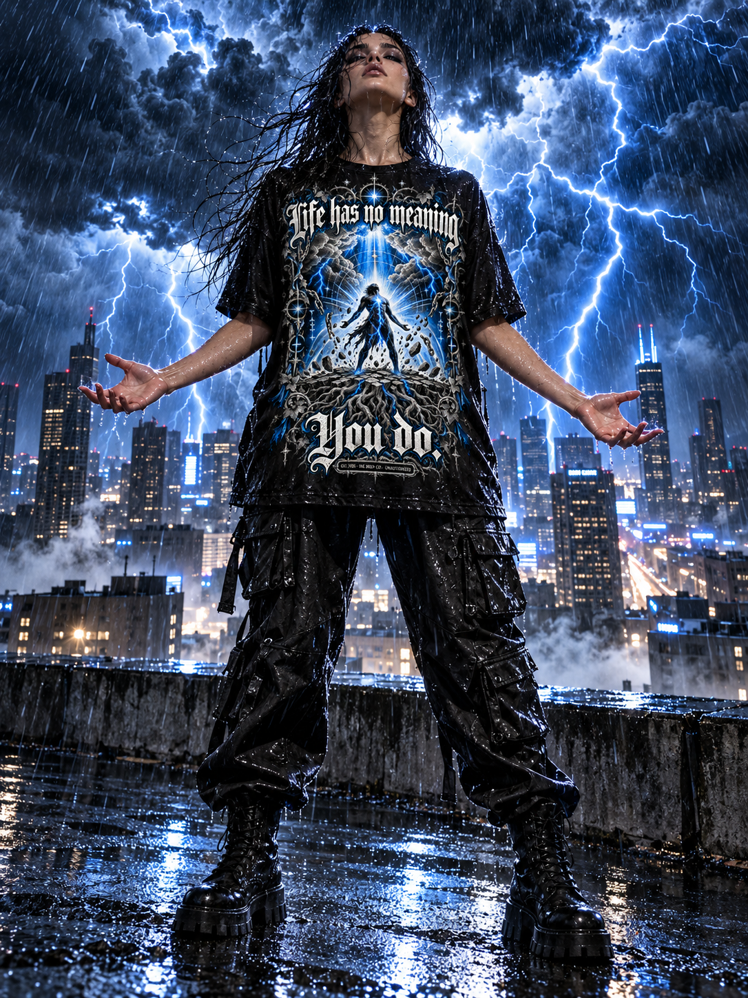 Black women's graphic tee worn by model, blue lightning angel front print