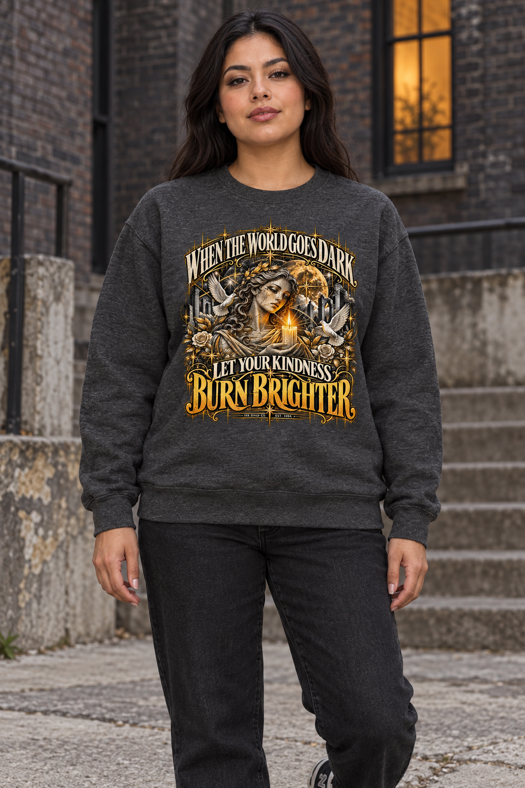 Unisex crewneck sweatshirt, dark heather gray, gold graphic front print