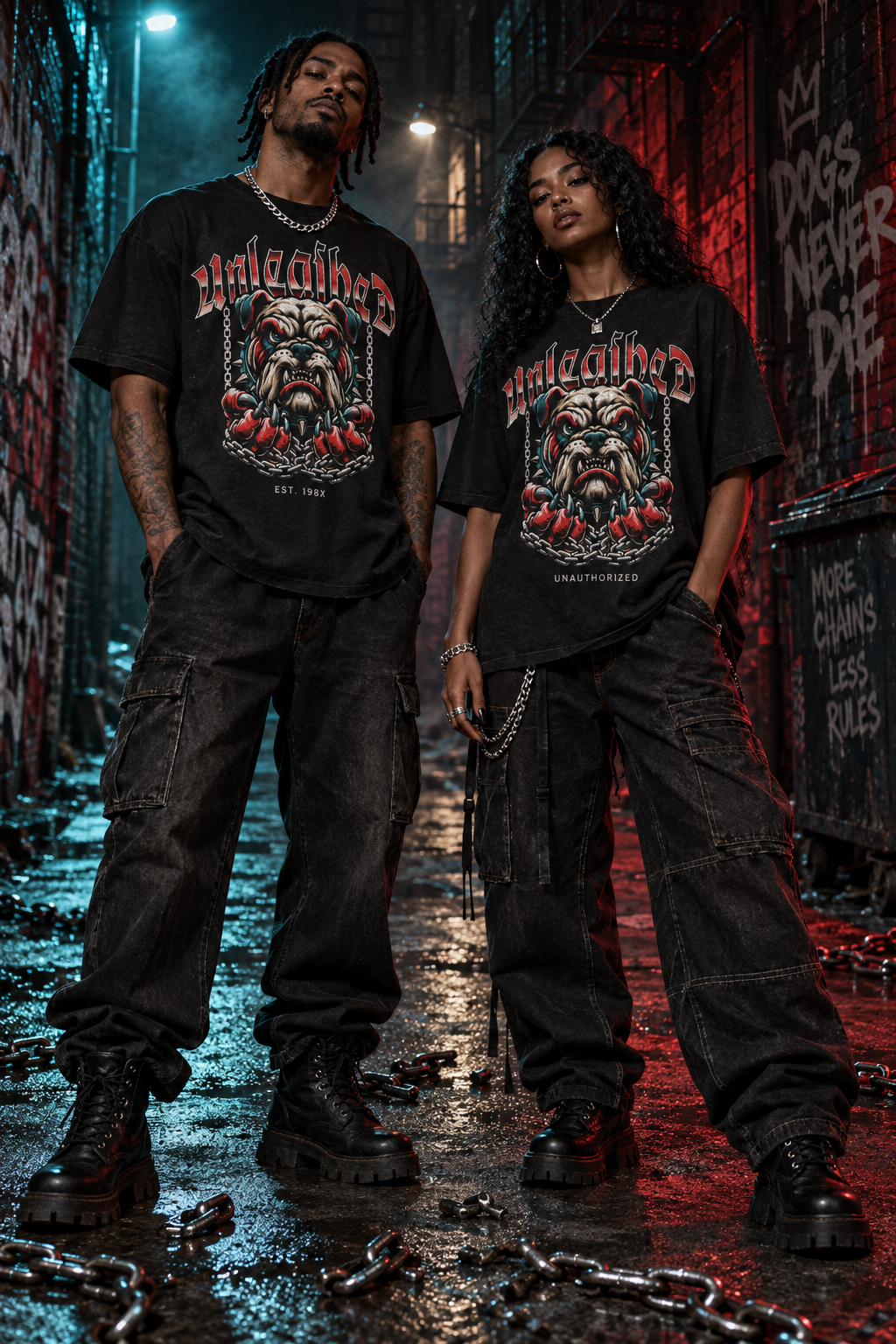Unleashed graphic tee, black; worn by people, front bulldog graphic