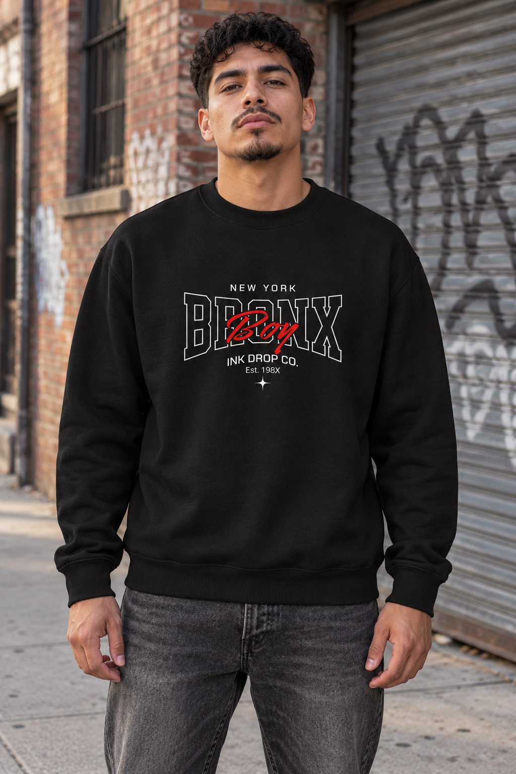 Black crewneck sweatshirt with New York Bronx graphic on wearer