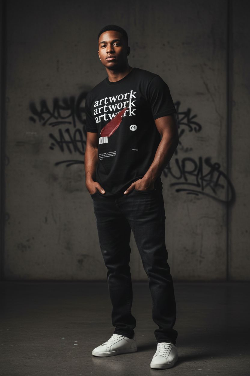 Black graphic men's t-shirt with front 'artwork' text and red swoosh