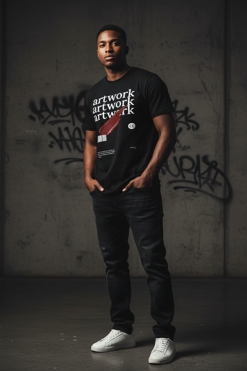 Black graphic men's t-shirt with front 'artwork' text and red swoosh