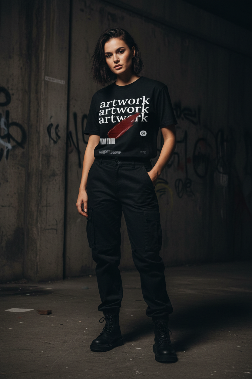Women's graphic T-shirt, black, front print with artwork text, brush stroke, barcode