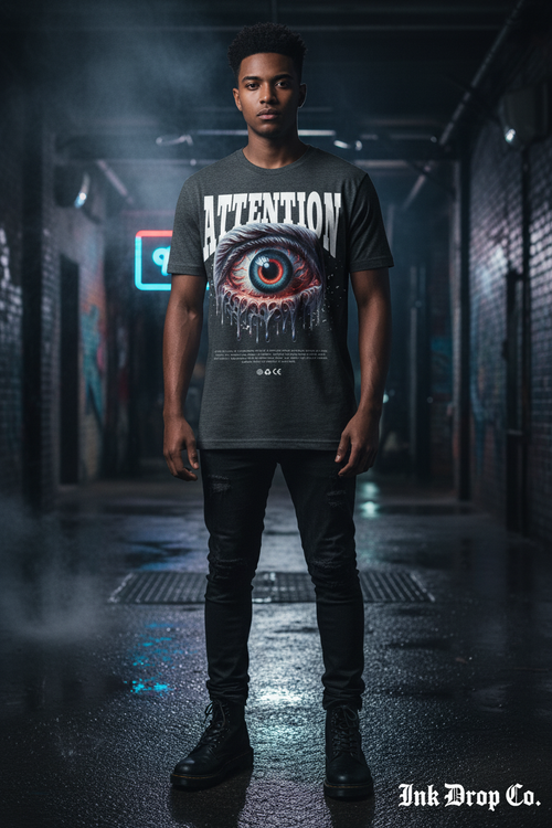 Men's graphic T-shirt in dark grey with large front eye artwork