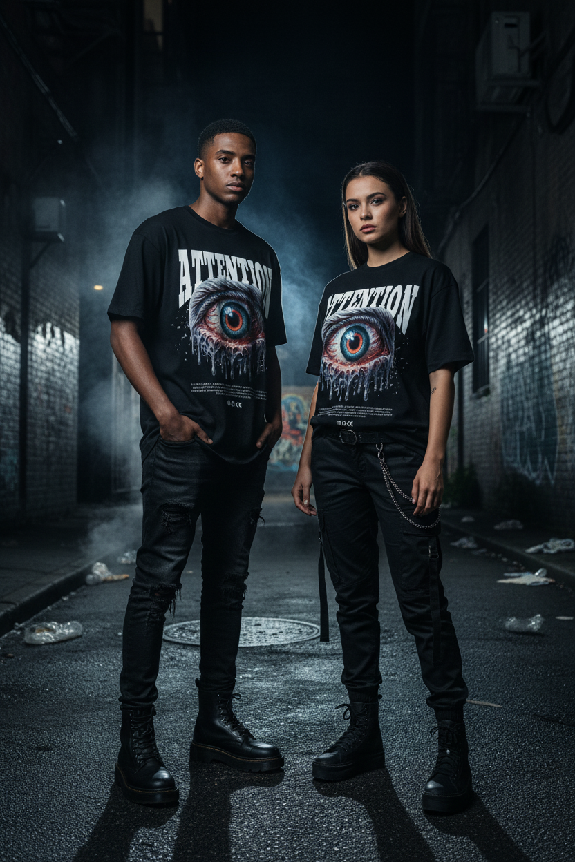 Black unisex graphic T-shirt with centered eye artwork and ATTENTION text on chest