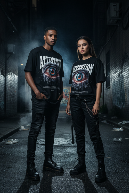 Black unisex graphic T-shirt with centered eye artwork and ATTENTION text on chest