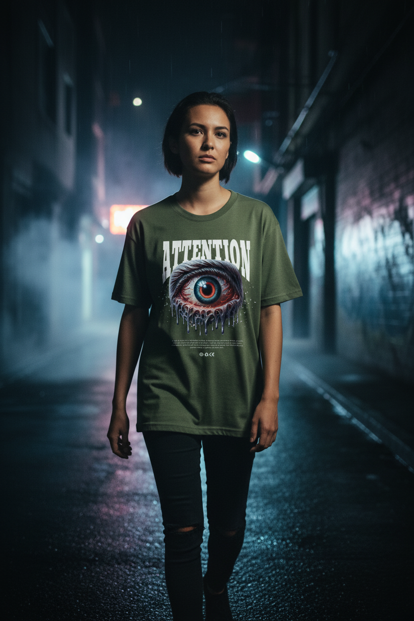 Women’s graphic t-shirt, military green, front view, large eye graphic with text
