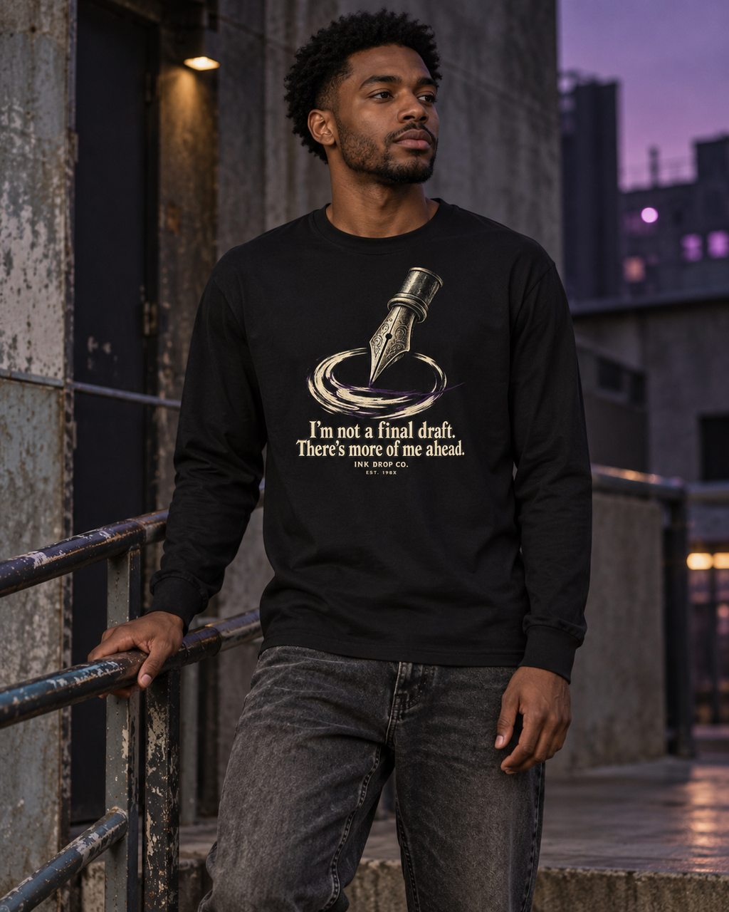 Black unisex long sleeve crewneck tee with front ink drop graphic, worn by model
