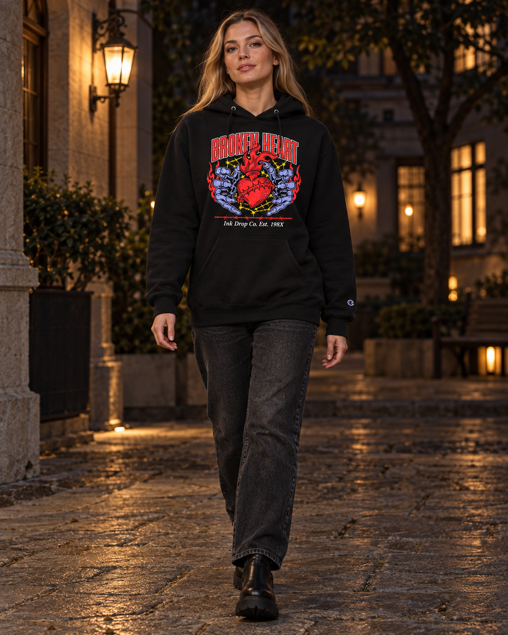 Champion black unisex graphic hoodie with Broken Heart front print and kangaroo pocket
