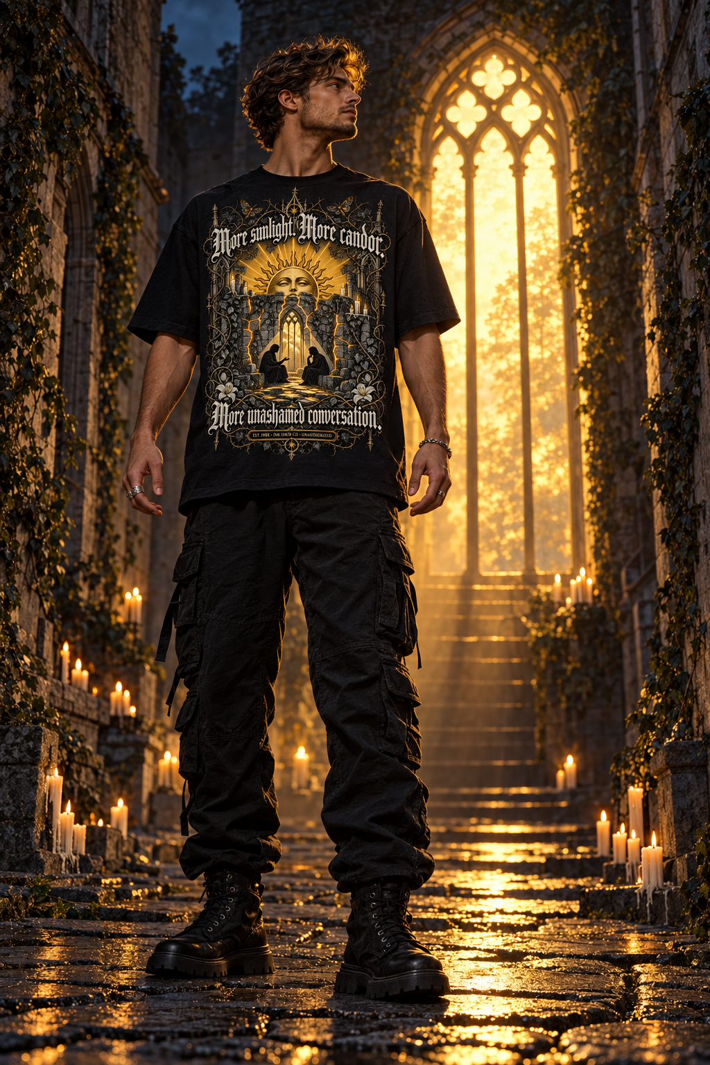 Black unisex graphic T-shirt with large front cathedral illustration print, short sleeves