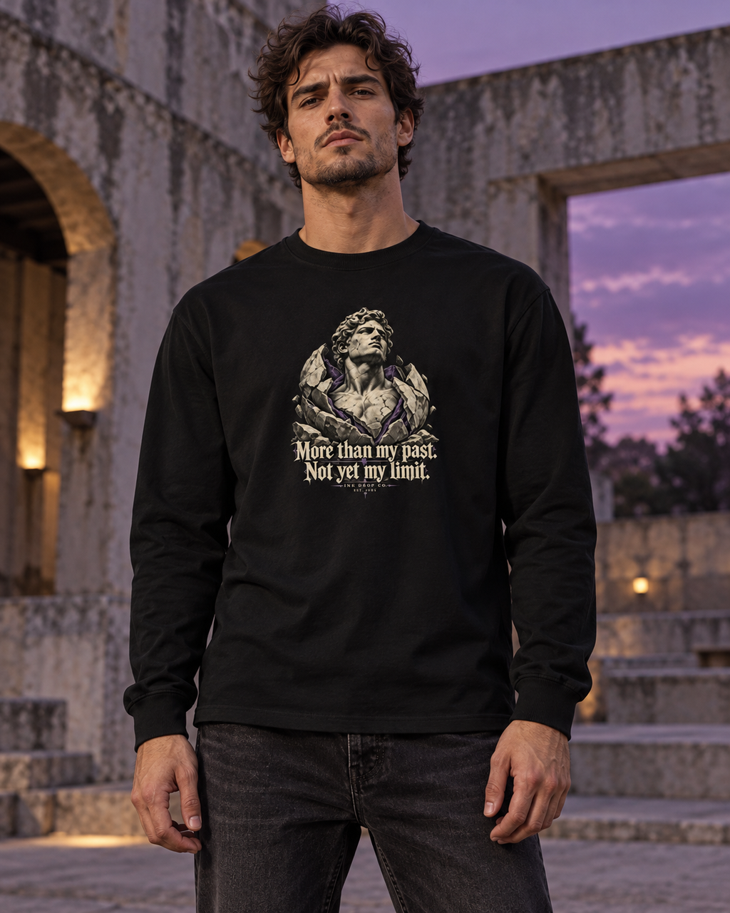 Black unisex long sleeve tee with centered front graphic and quote