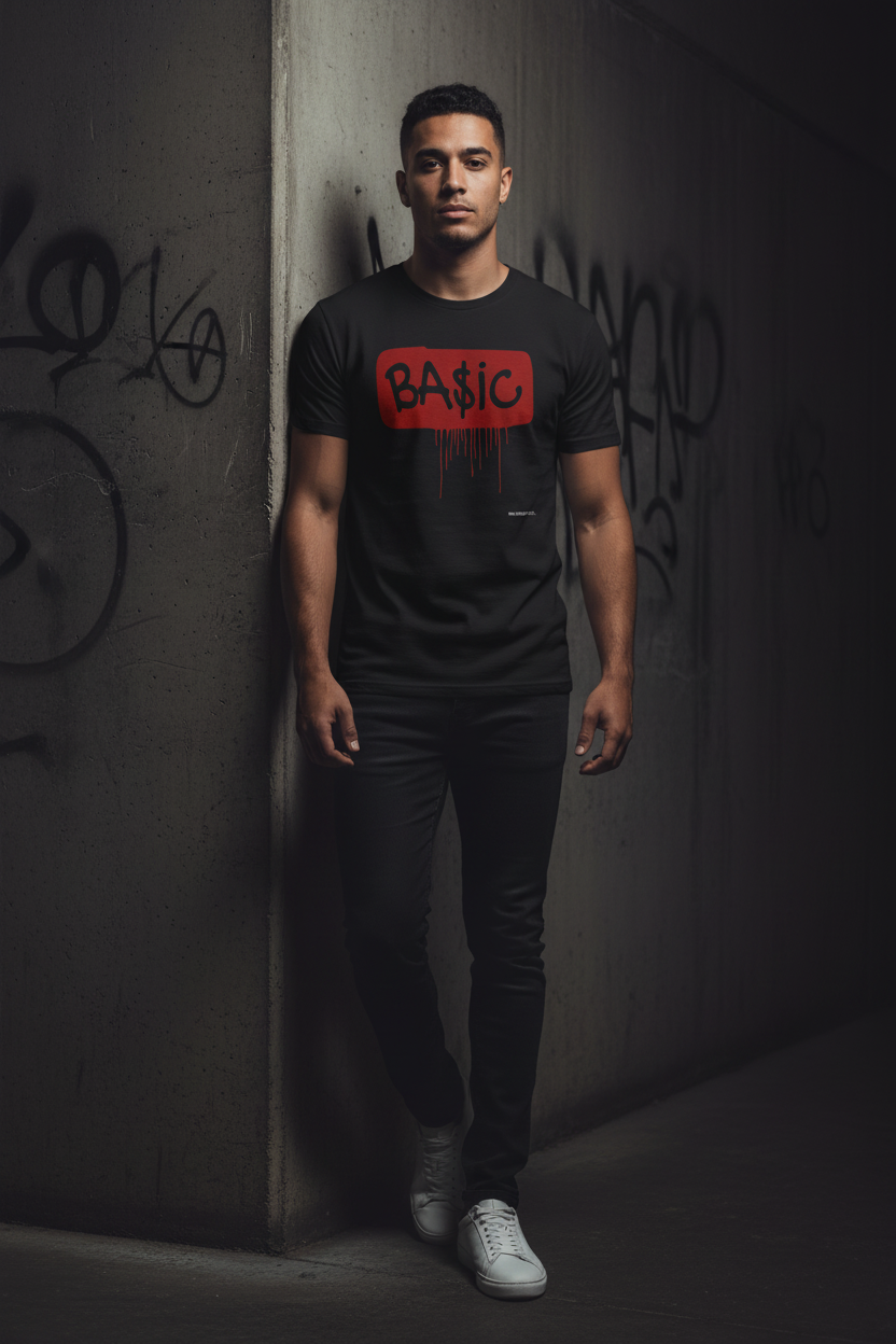 Men's black graphic t-shirt with red BA$IC ink drop logo on front