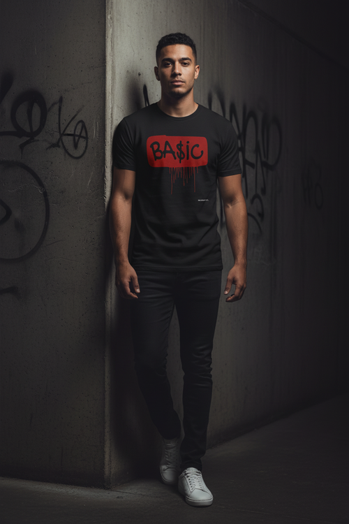 Men's black graphic t-shirt with red BA$IC ink drop logo on front