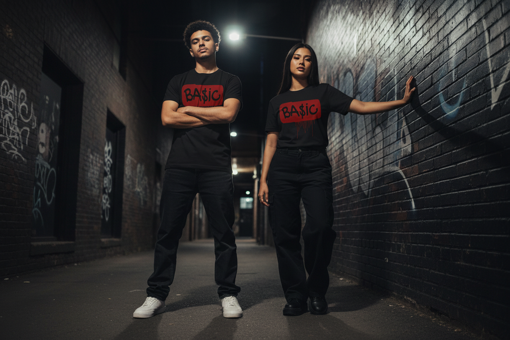 Black unisex graphic T-shirt, red BA$IC logo, worn by model, short sleeves