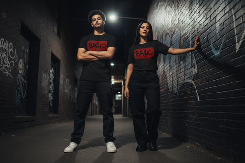 Black unisex graphic T-shirt, red BA$IC logo, worn by model, short sleeves