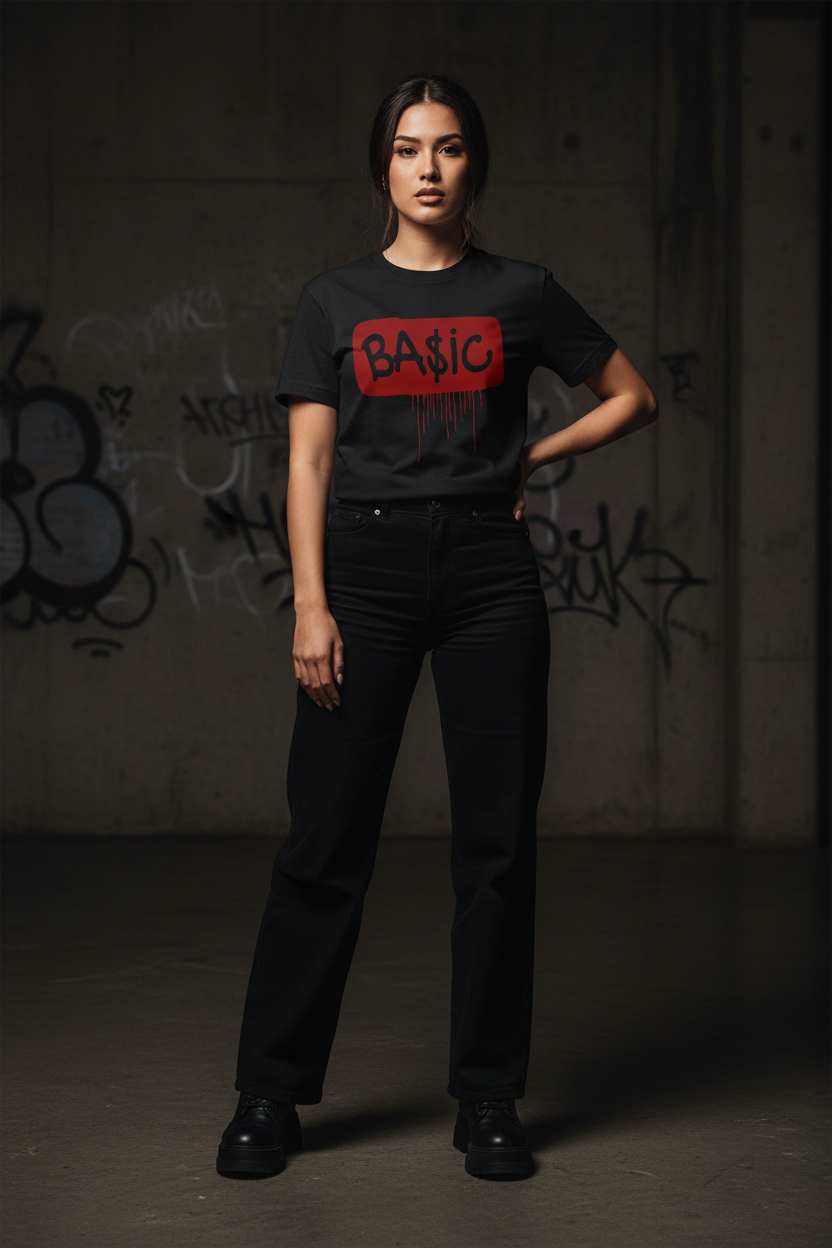 Women's graphic t-shirt, black with BA$IC ink-drop logo print