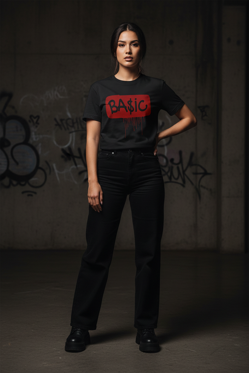 Women's graphic t-shirt, black with BA$IC ink-drop logo print