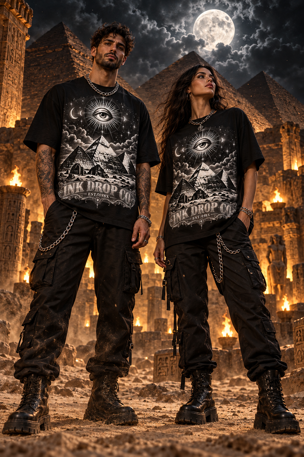 Black unisex T-shirts with eye-and-pyramid prints on front, worn by two people
