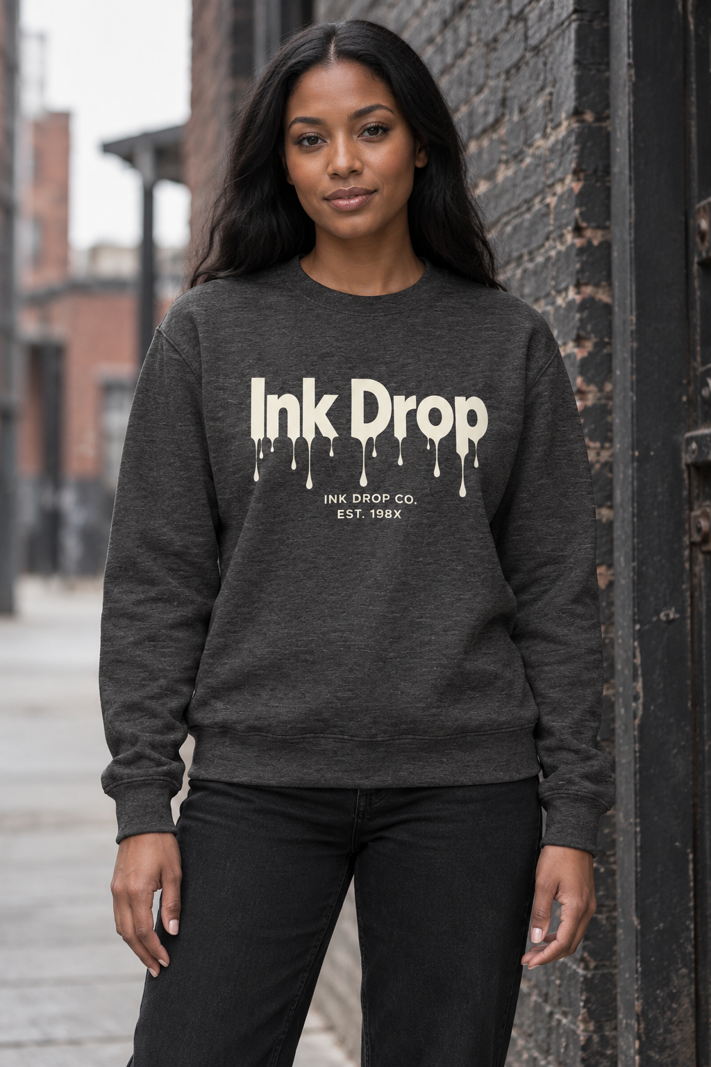 Charcoal heather unisex crewneck sweatshirt with white Ink Drop drip logo