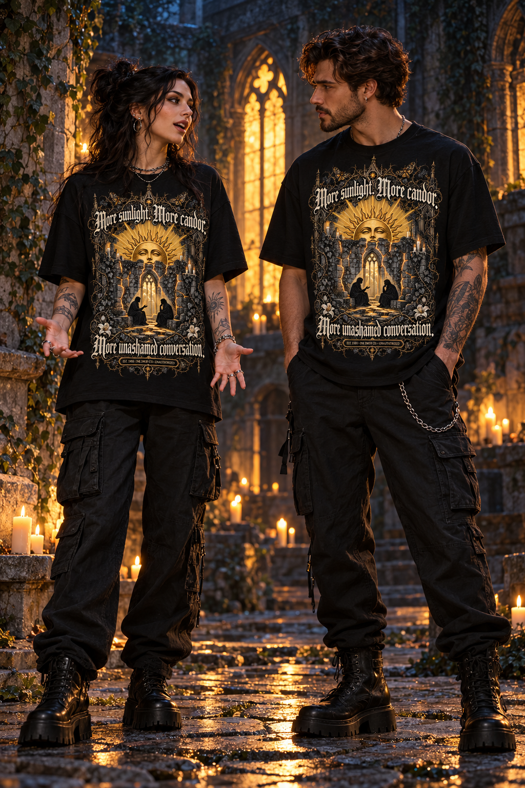 Black unisex graphic T-shirt with large front cathedral illustration print, short sleeves