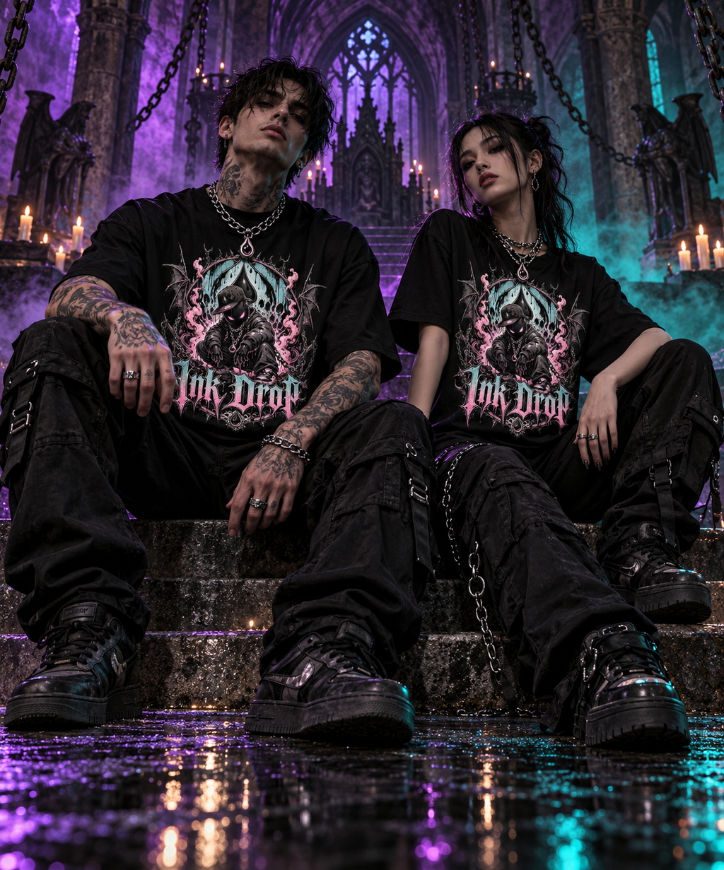 Two unisex black graphic T-shirts with skull-and-throne front print in pink and blue