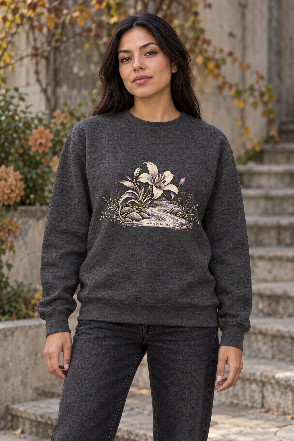 Women's crewneck sweatshirt, charcoal with floral front graphic, outdoor model