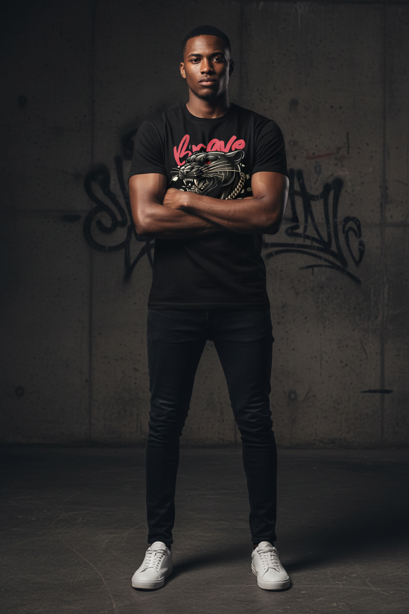 Men's black graphic T-shirt with red and white front logo