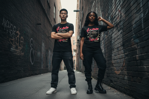 Black unisex T-shirts with red panther head graphic, crew neck, short sleeves