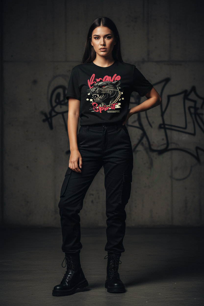 Women’s graphic T-shirt, black, front-center colorful Spirit print