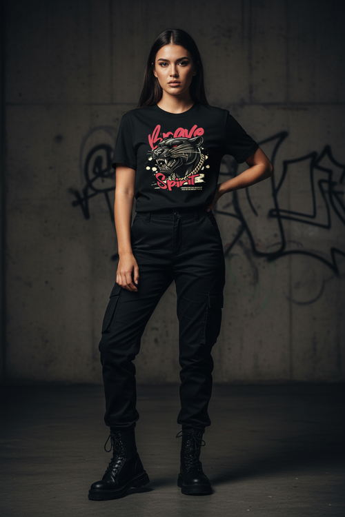 Women’s graphic T-shirt, black, front-center colorful Spirit print