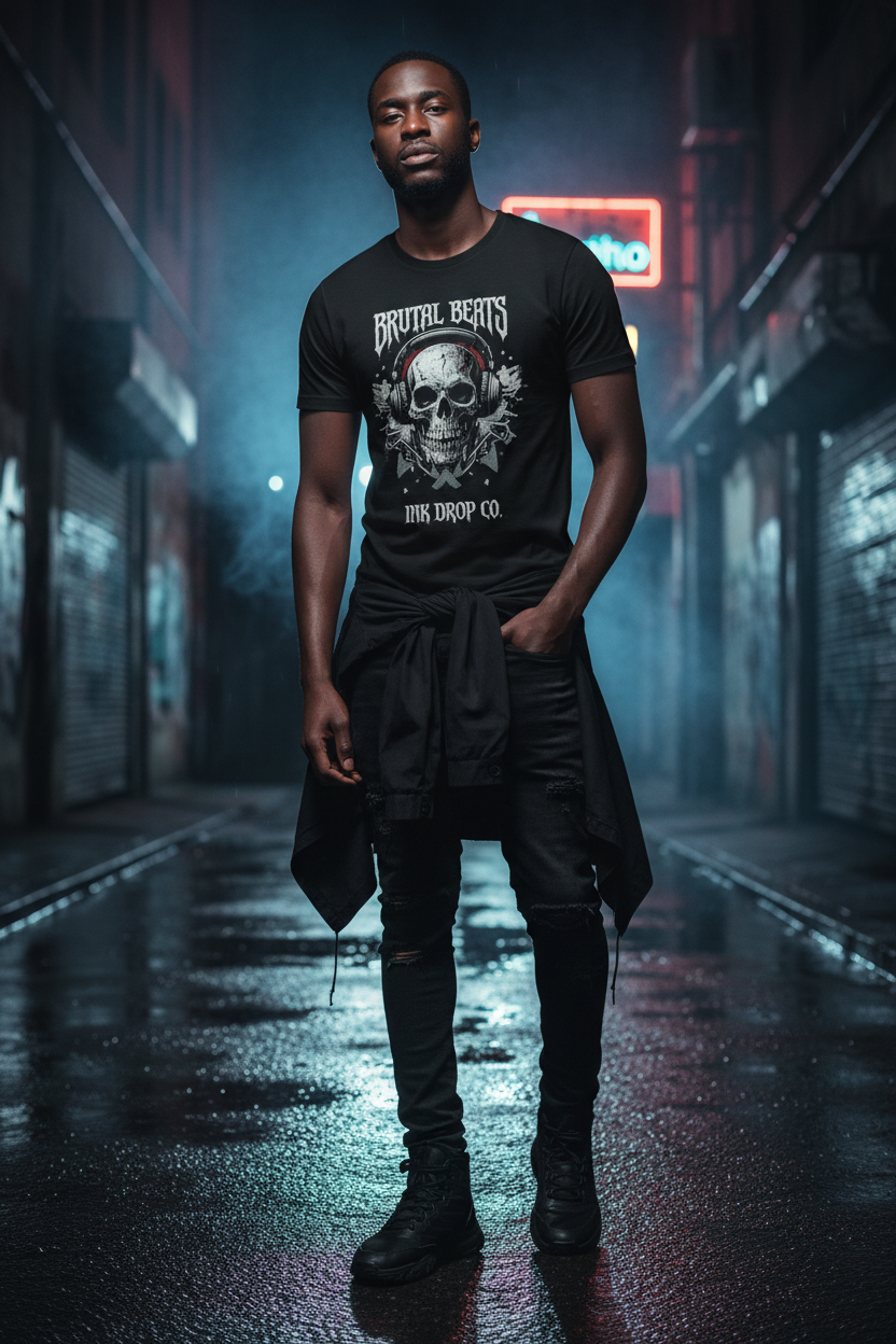Men's black graphic T-shirt with skull front print and text
