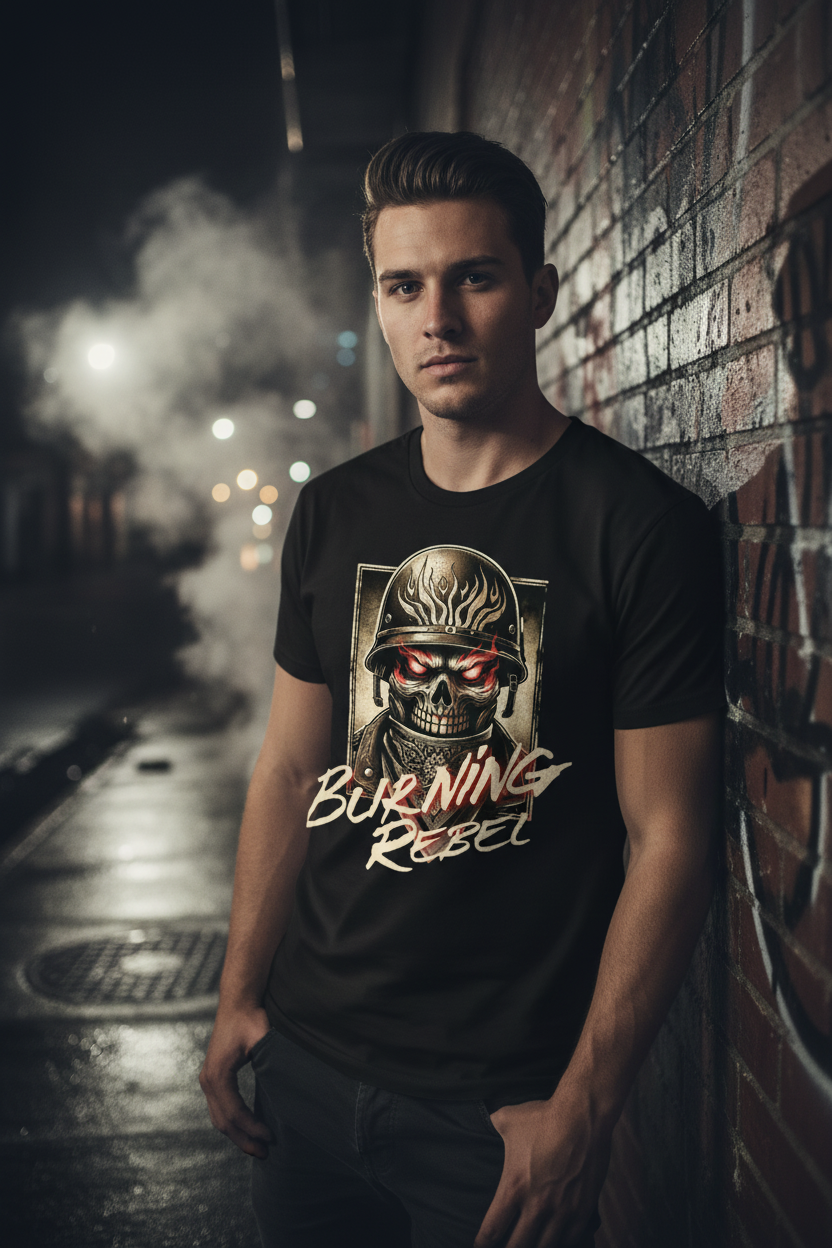 Men's Burning Rebel graphic T-shirt in black, front skull helmet & Burning Rebel print