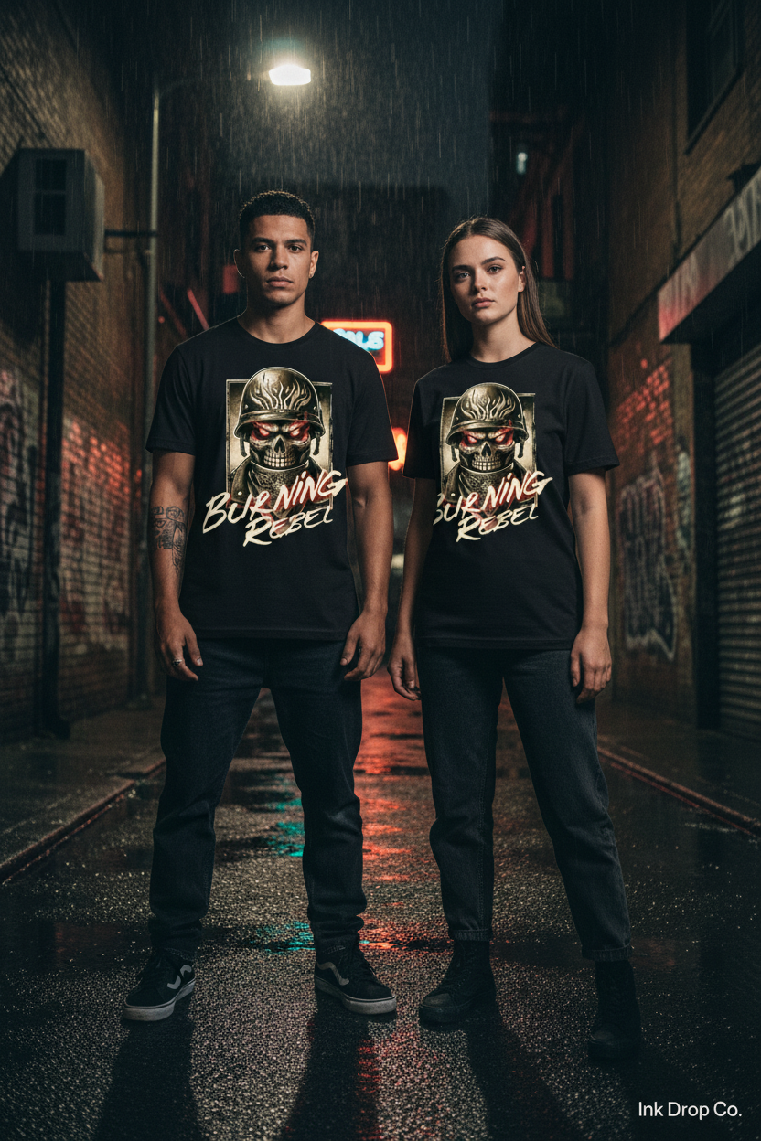 Black unisex graphic T-shirt with front skull helmet design