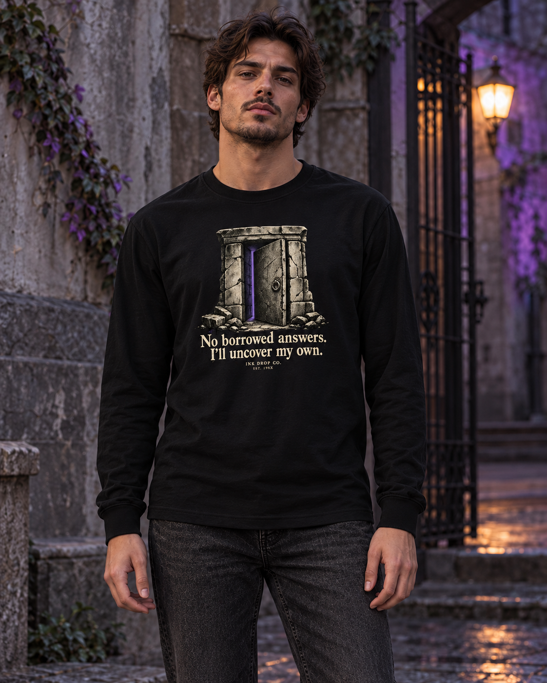Black unisex long-sleeve graphic tee on model, door and quote print on chest