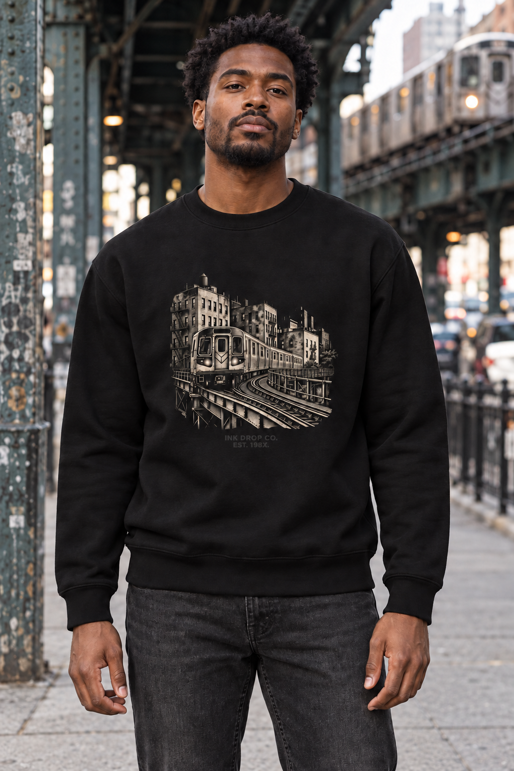 Black unisex graphic crewneck sweatshirt with front city print