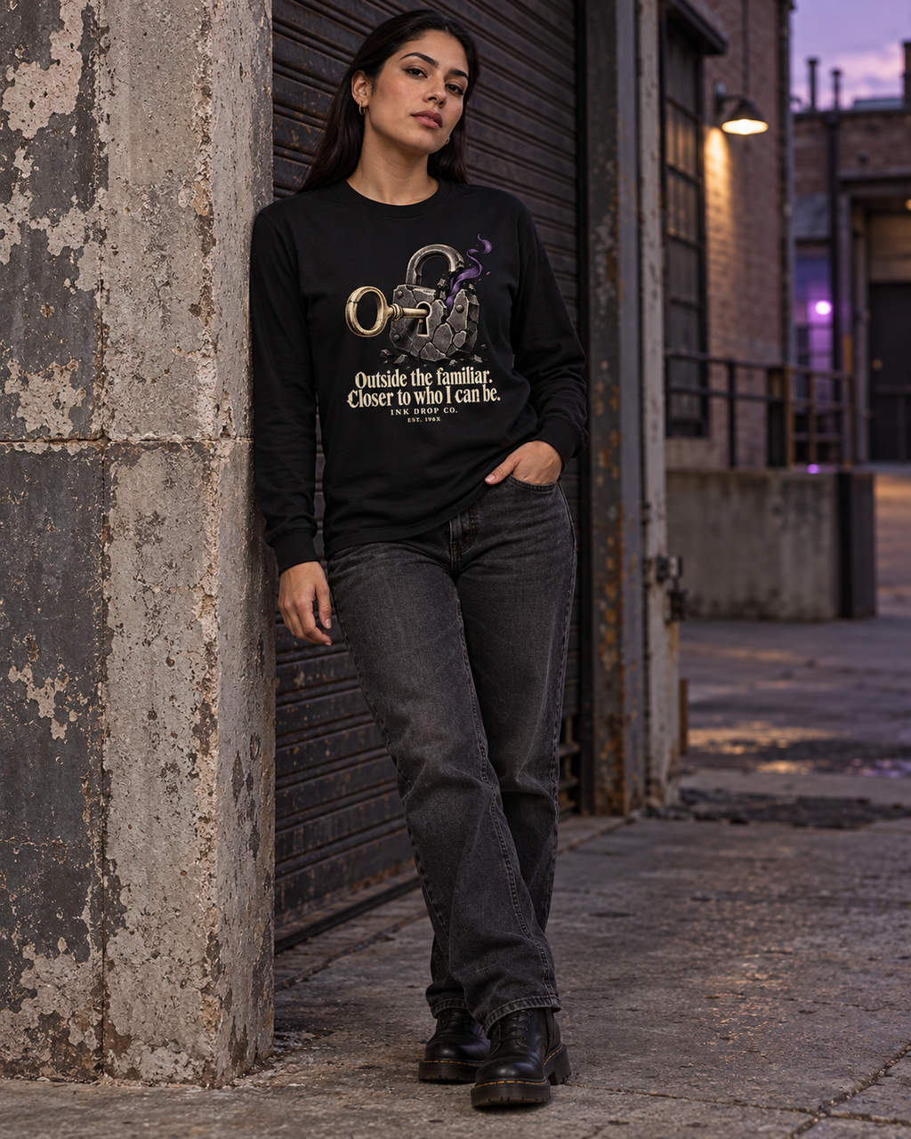 Unisex black long-sleeve graphic tee worn with jeans, crew neck and lock artwork