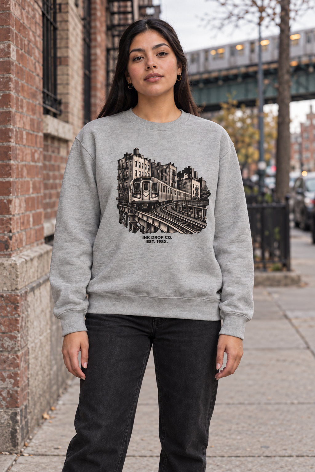 Heather grey unisex graphic crewneck sweatshirt with front city print