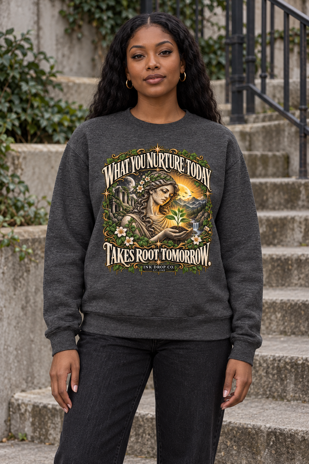 Unisex crewneck sweatshirt, dark heather gray with front nature graphic and ribbed cuffs