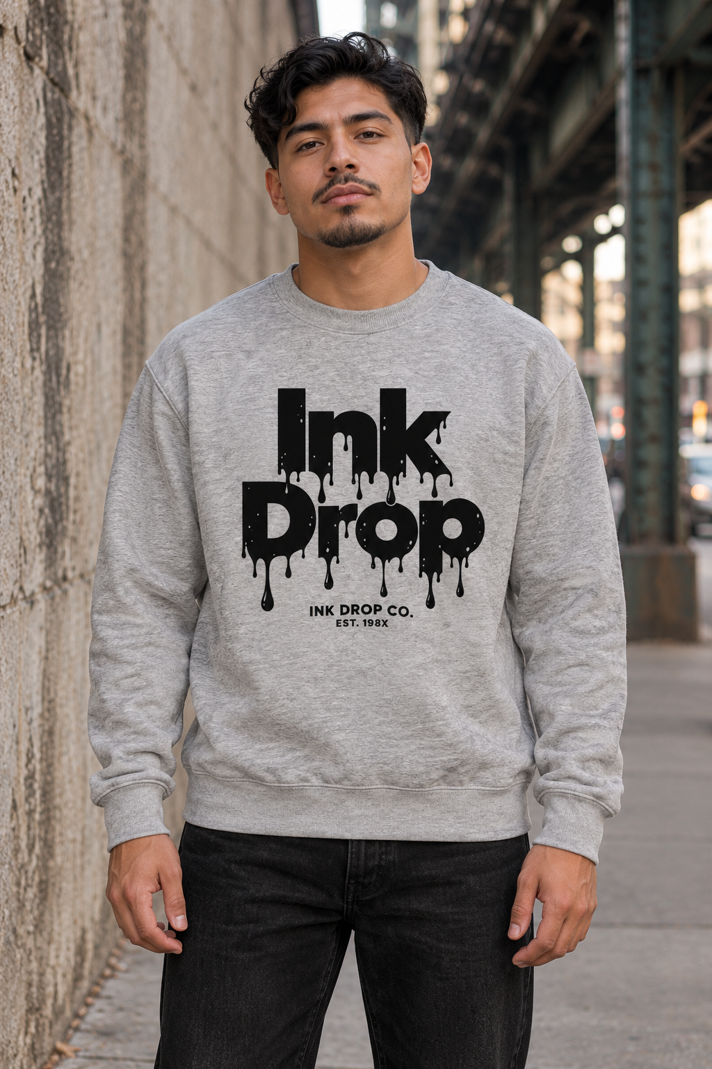 Light heather gray crewneck sweatshirt with centered Ink Drop logo print