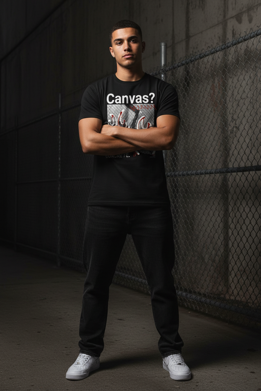 Men's graphic T-shirt, black, front print with “Canvas?” and flames, worn by model