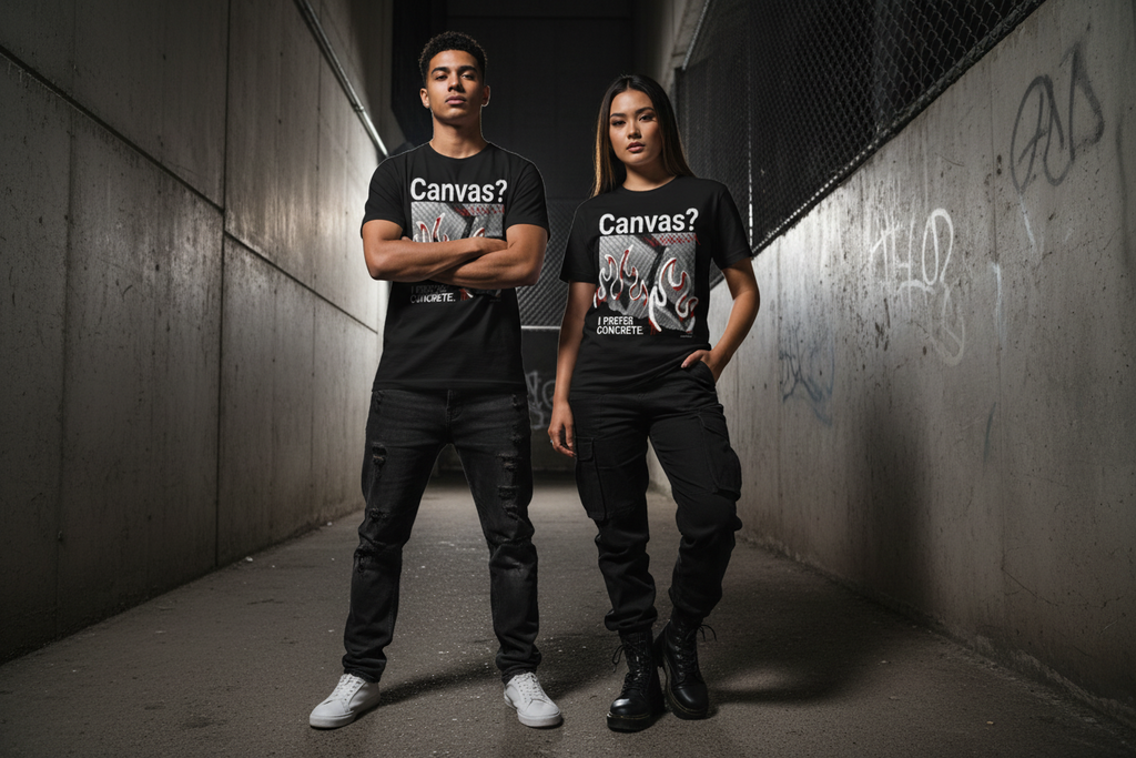 Black unisex graphic t-shirt with front text and artwork; short sleeves.