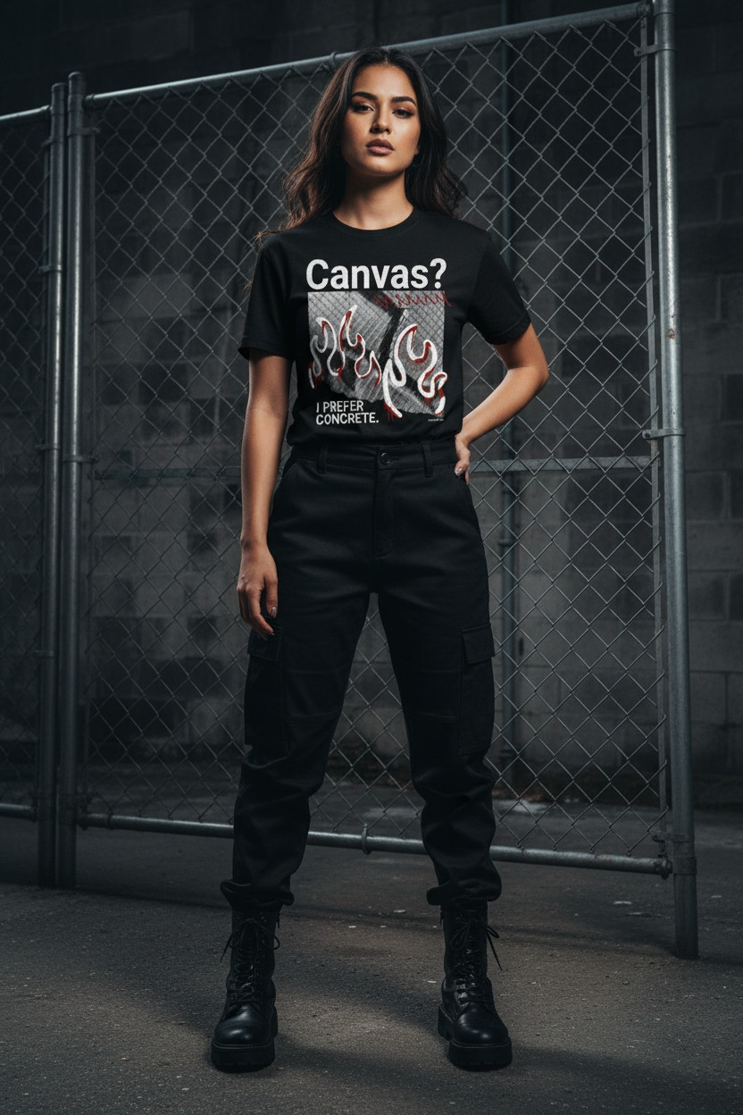 Women's black graphic t-shirt with crew neck and bold front flame text print.