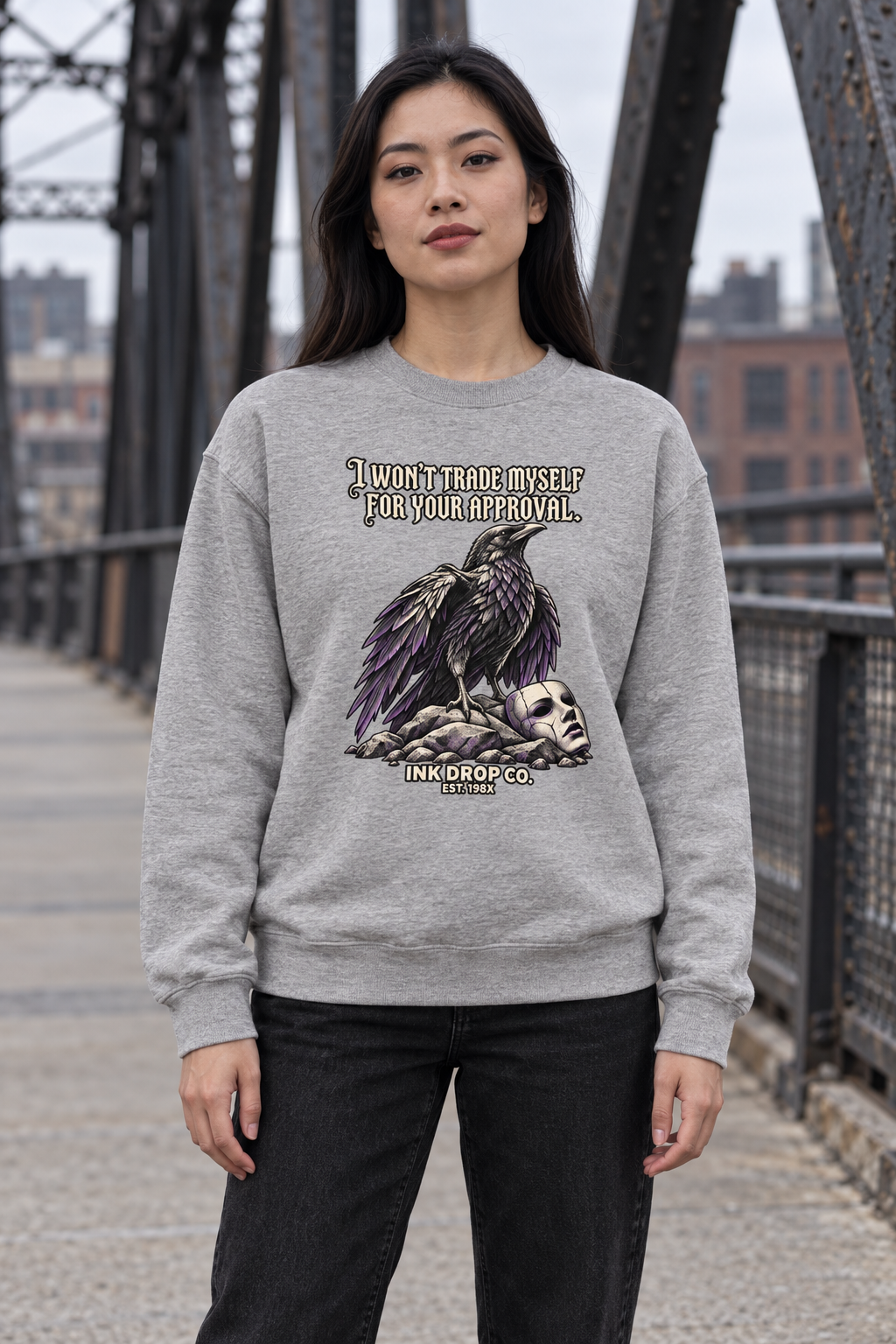 Heather gray unisex crewneck sweatshirt with typographic quote and eagle graphic