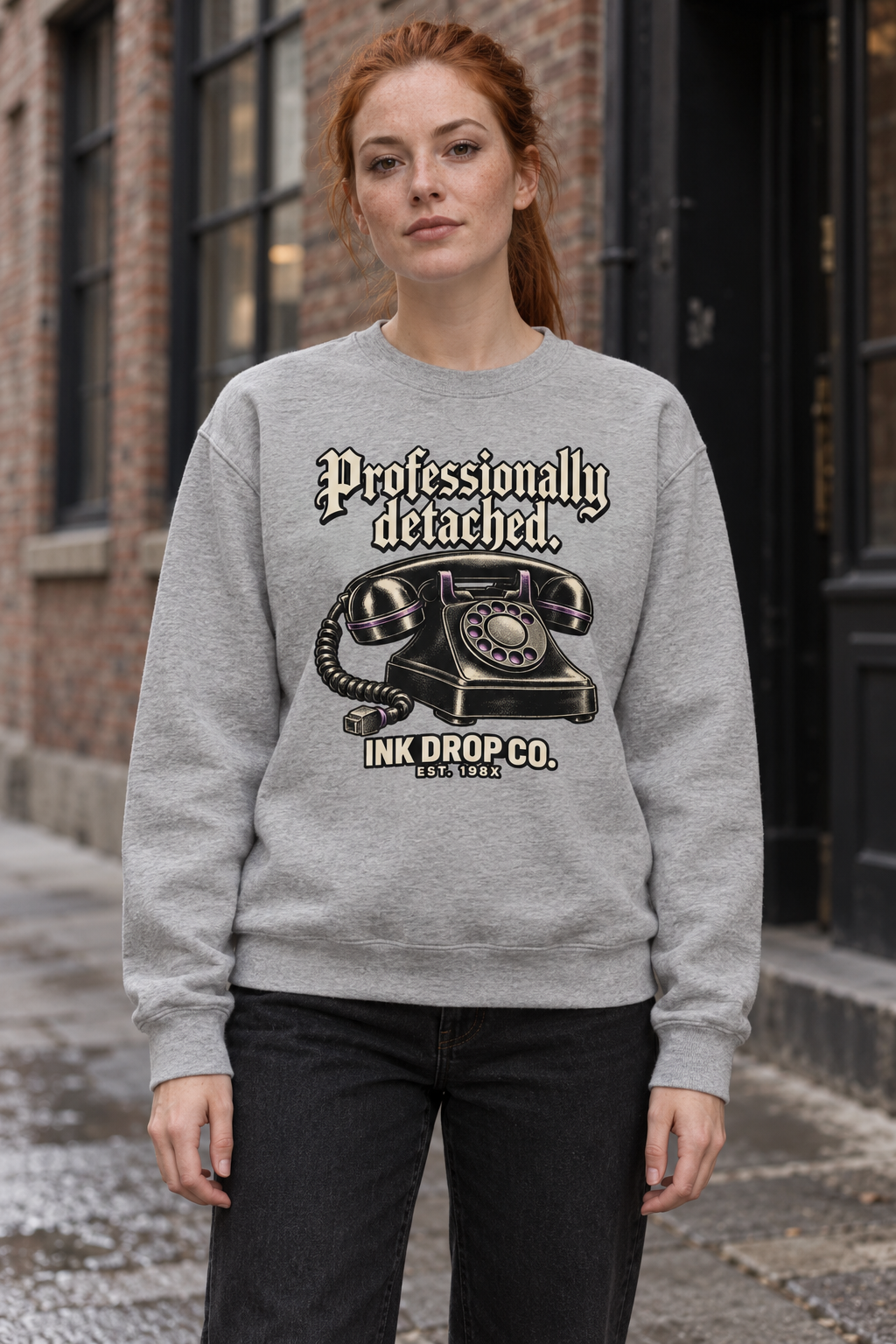Light heather gray unisex crewneck sweatshirt front view with printed chest logo
